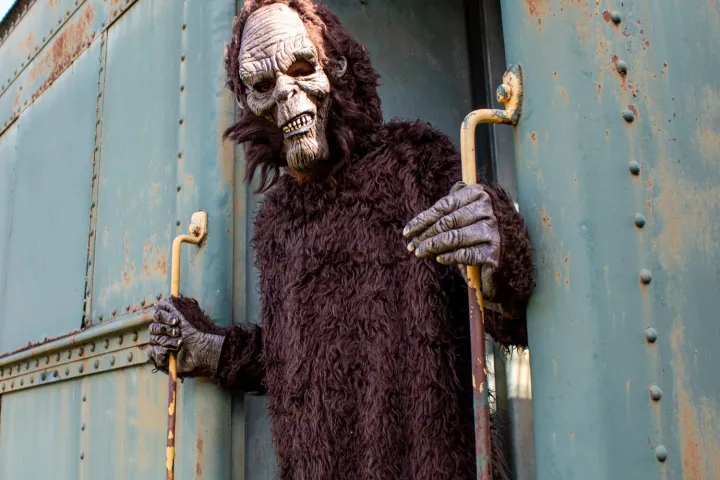 Person in a monster costume standing in a rusty train doorway.