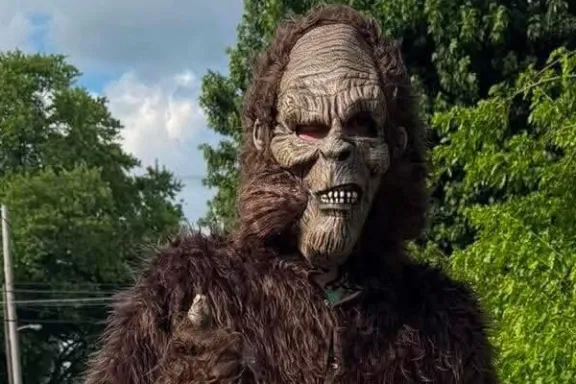 Person in Bigfoot costume and child with a bike, outdoors.